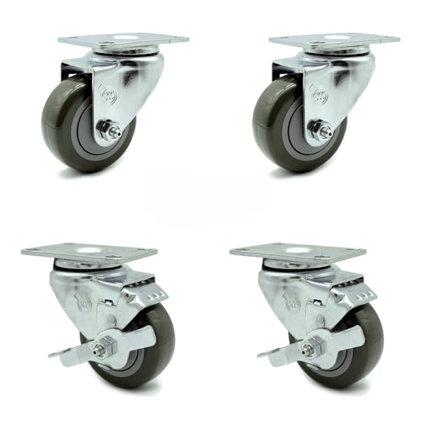 3.5 Inch Gray Polyurethane Wheel Swivel Top Plate Caster Set with 2 Brakes SCC